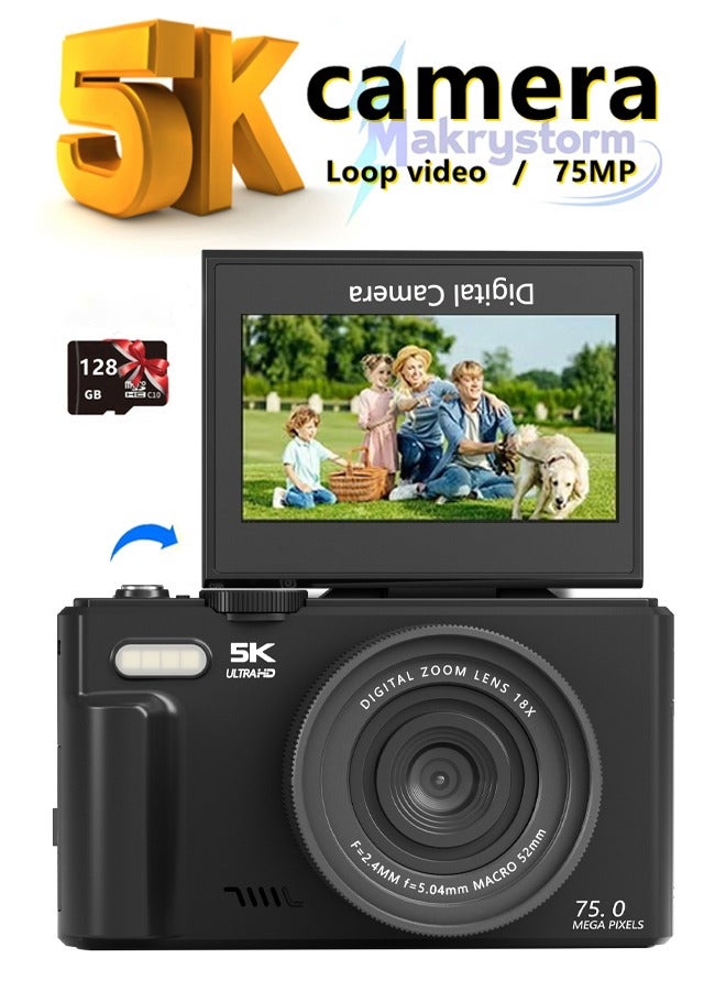 5K Digital Camera, 75MP Camera Digital for Photography, Point and Shoot Camara, 18X Digital Camera with 3" 180° Flip Screen, Vlogging Camera for Beginner Gift